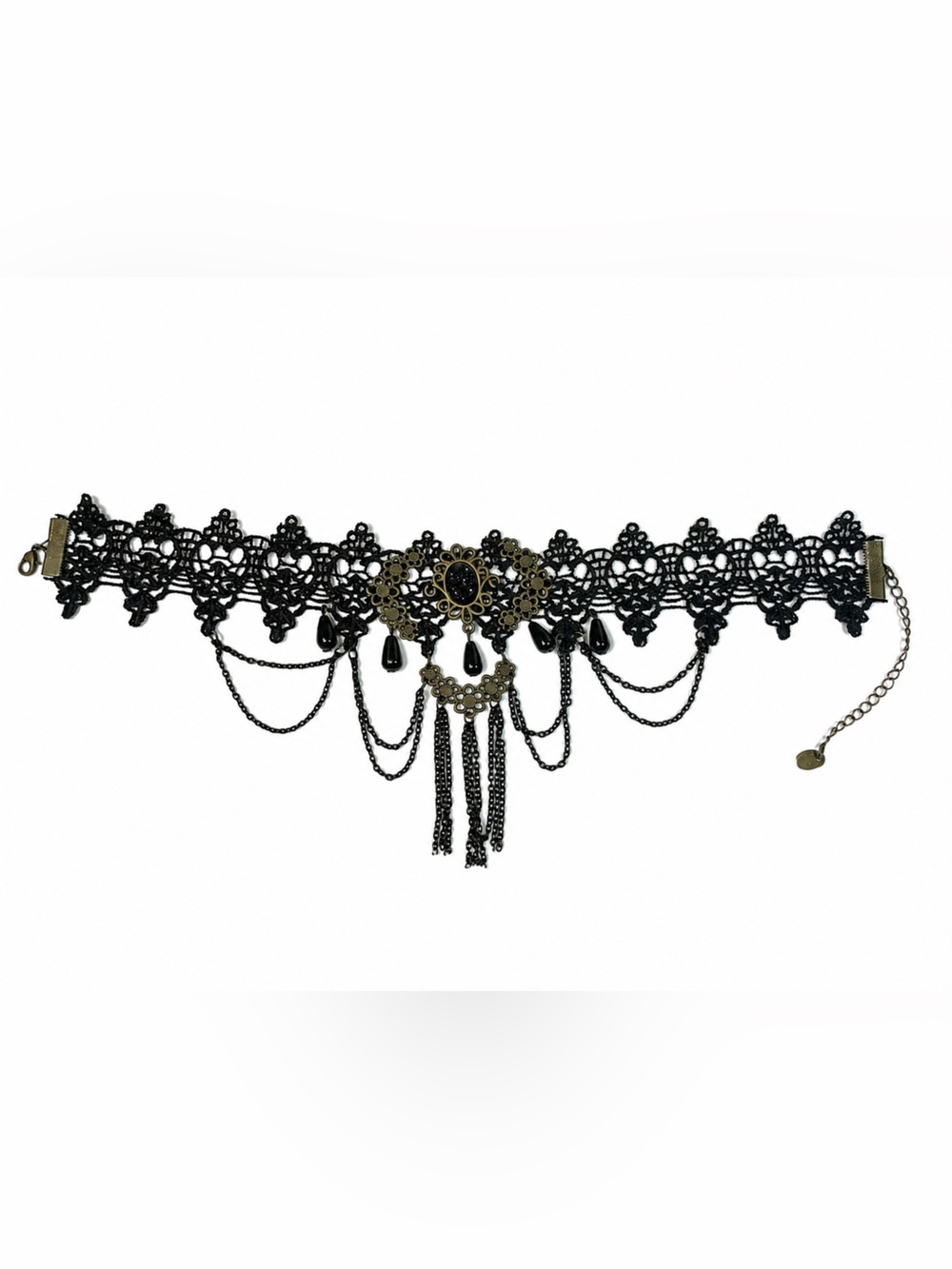 Hot Topic Black Lace Choker with Antique Gold Filigree and Teardrop Accents